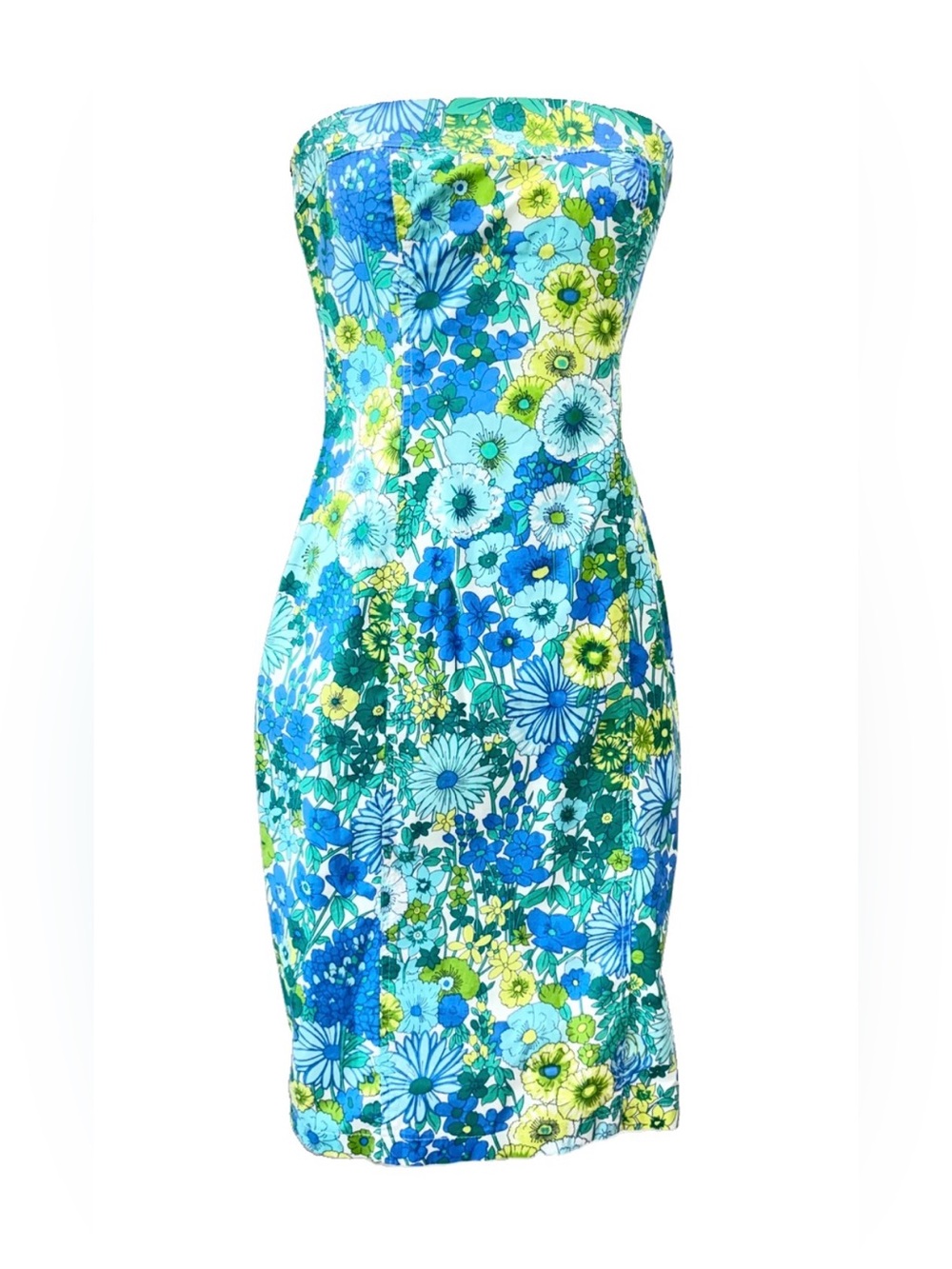 Y2k 90’s Zinc Cotton Blue Green Mod Retro Floral Strapless Pencil Dress Sz 7 Jrs